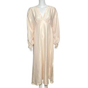 Vintage Valentino Intimo Long Nightgown Womens Size L Satin Lace V Neck Pink